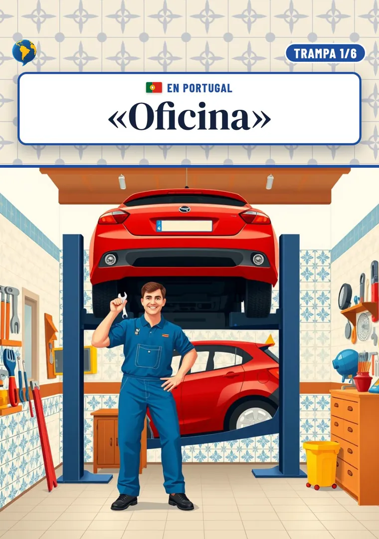 Un mecánico sonriente de mono azul junto a un coche elevado en un taller, bajo el título Oficina