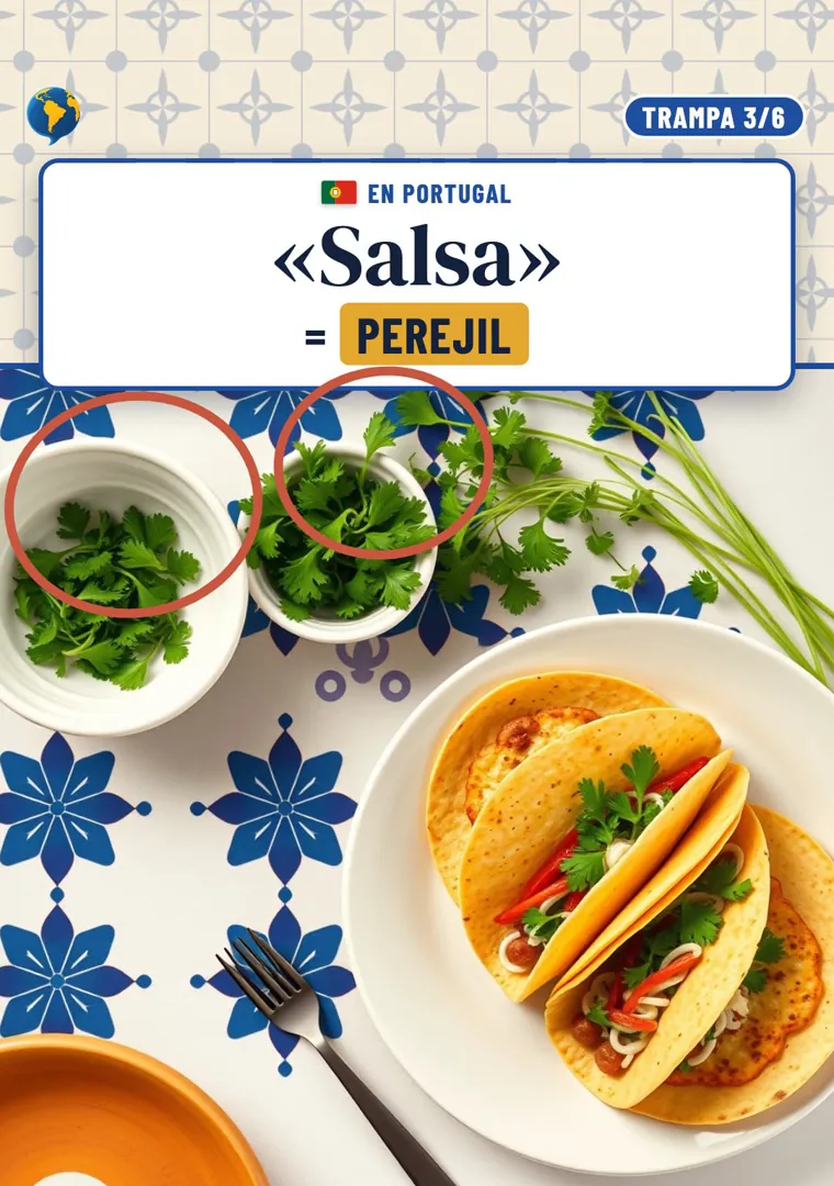 Tacos con perejil sobre una mesa con azulejos, con el perejil marcado con círculos rojos, bajo el título Salsa igual a perejil