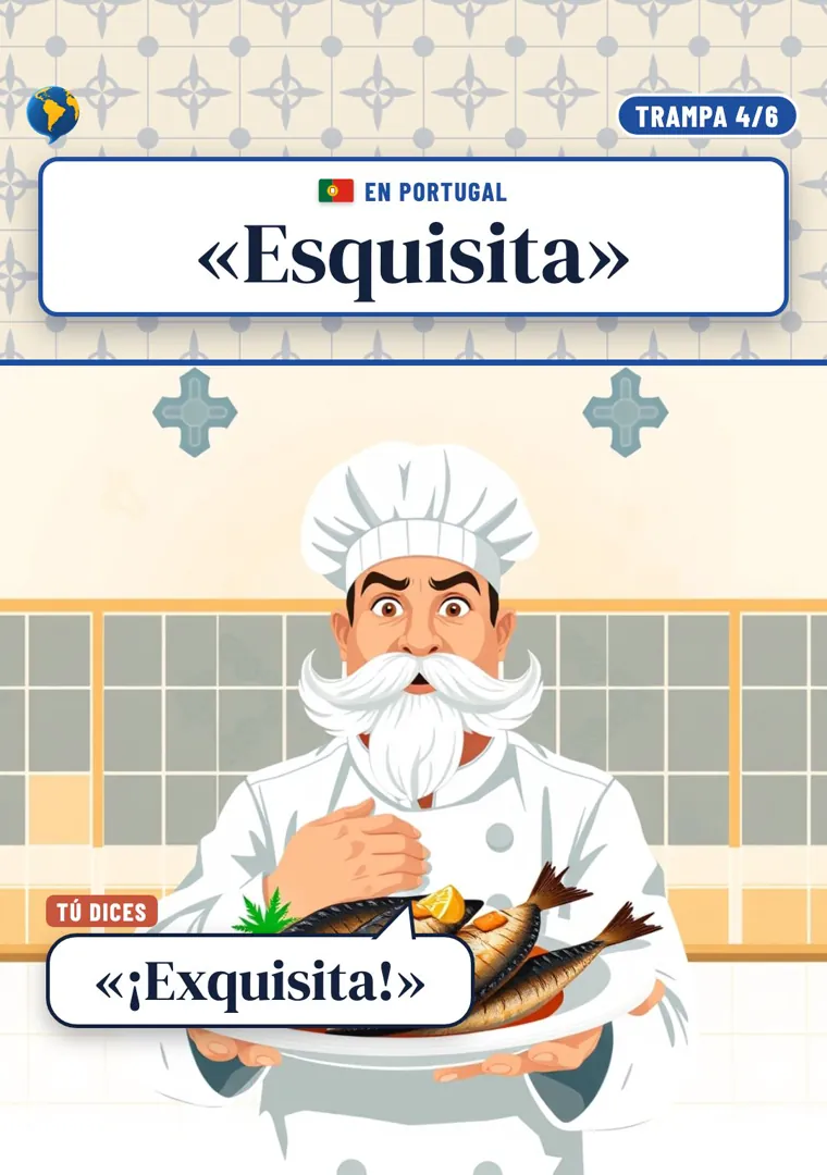 Un cocinero con bigote y gorro sostiene un pescado en una bandeja, con el globo de diálogo ¡Exquisita!, bajo el título Esquisita