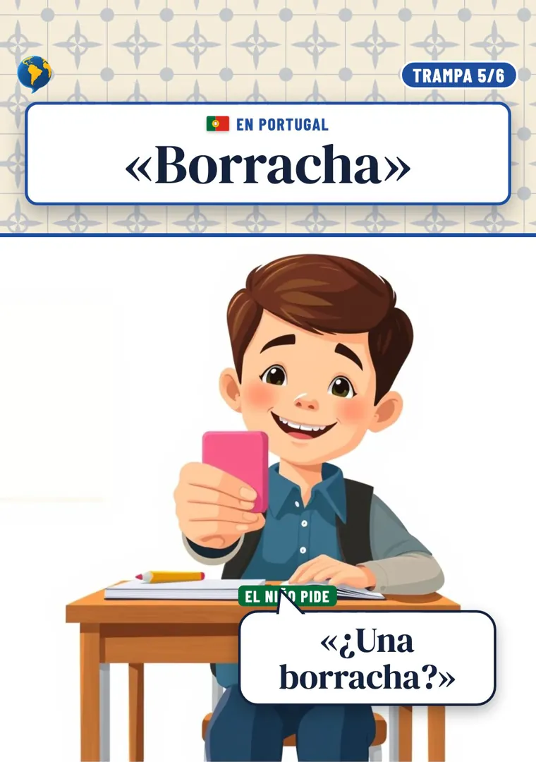 Un niño sonriente en un pupitre con una goma de borrar rosa en la mano y el globo de diálogo ¿Una borracha?