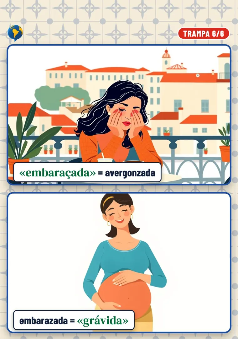 Dos viñetas: una mujer con la cara entre las manos, «embaraçada» igual a avergonzada, y otra mujer embarazada, «grávida»